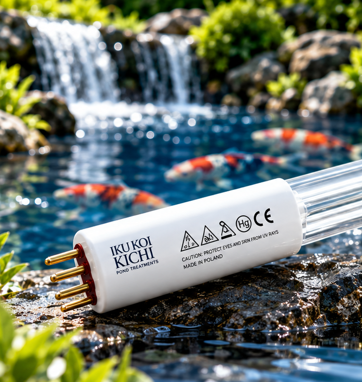 Iku Koi Kichi UV-C replacement lamp on wet rocks beside a waterfall