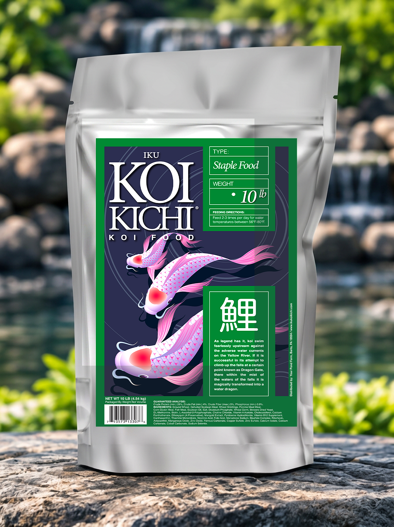 Staple Food koi food beside a pond waterfall